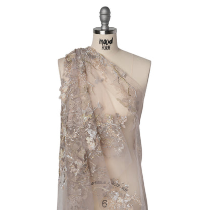 Embroidered and Beaded Tulle with 3D Satin Flowers - Taupe, Lemon and White Flowering Branches Drape