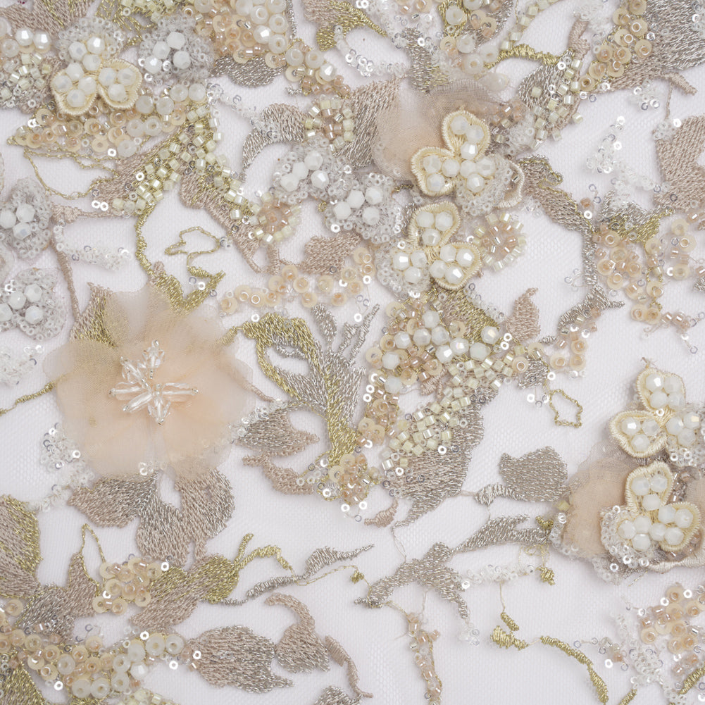 Embroidered and Beaded Tulle with 3D Satin Flowers - Taupe, Lemon and White Flowering Branches