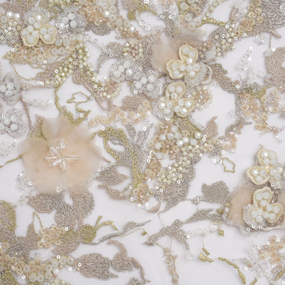 Embroidered and Beaded Tulle with 3D Satin Flowers - Taupe, Lemon and White Flowering Branches