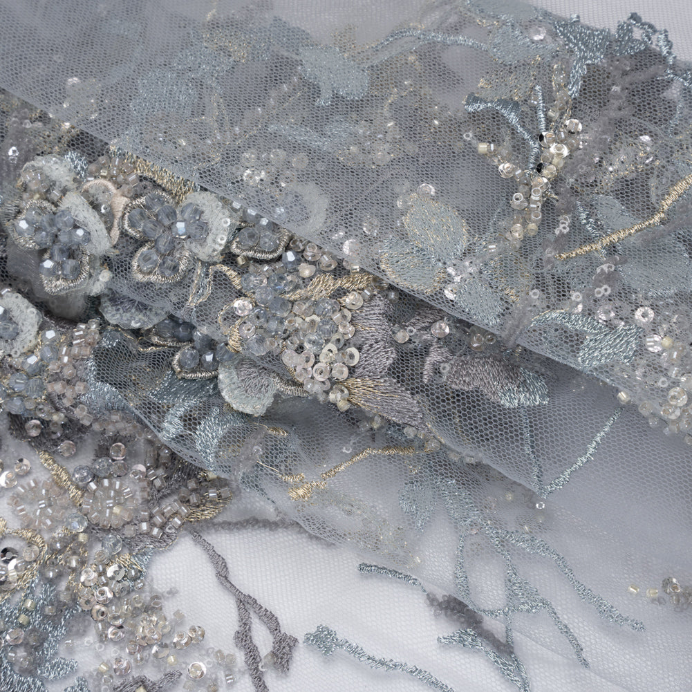 Embroidered and Beaded Tulle with 3D Satin Flowers - Light Blue, Lilac, and Gold Flowering Branches Folded