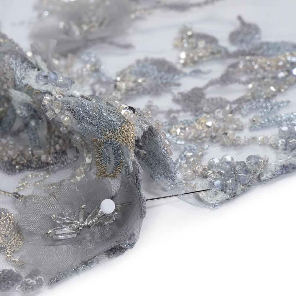 Embroidered and Beaded Tulle with 3D Satin Flowers - Light Blue, Lilac, and Gold Flowering Branches Detail