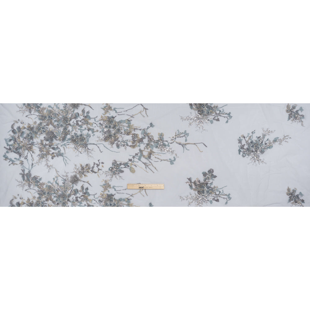 Embroidered and Beaded Tulle with 3D Satin Flowers - Light Blue, Lilac, and Gold Flowering Branches - Full