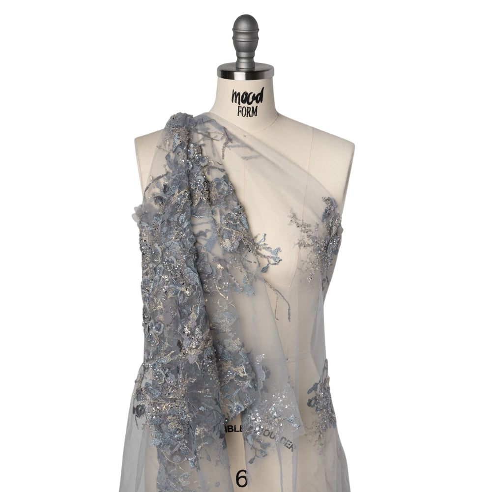 Embroidered and Beaded Tulle with 3D Satin Flowers - Light Blue, Lilac, and Gold Flowering Branches Drape