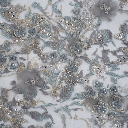 Embroidered and Beaded Tulle with 3D Satin Flowers - Light Blue, Lilac, and Gold Flowering Branches
