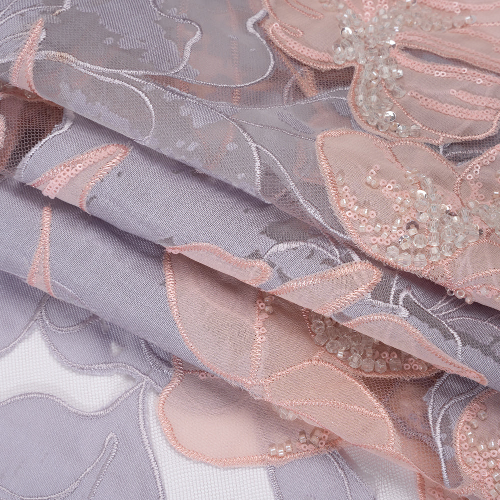 Beaded and Embroidered Tulle with Burnout Fabric Appliques - Mauve, Lilac, and Baby Pink Tropical Garden Folded