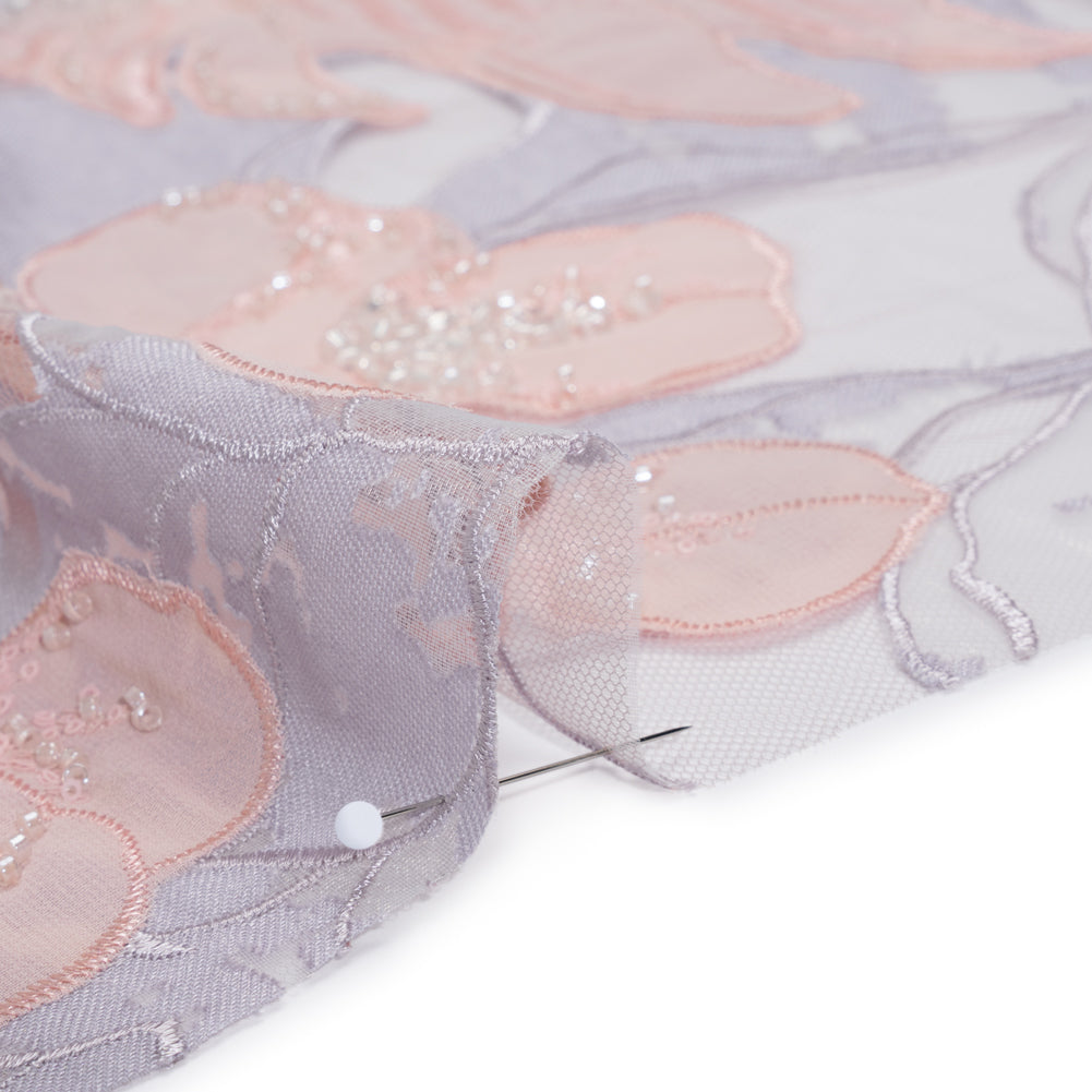 Beaded and Embroidered Tulle with Burnout Fabric Appliques - Mauve, Lilac, and Baby Pink Tropical Garden Detail