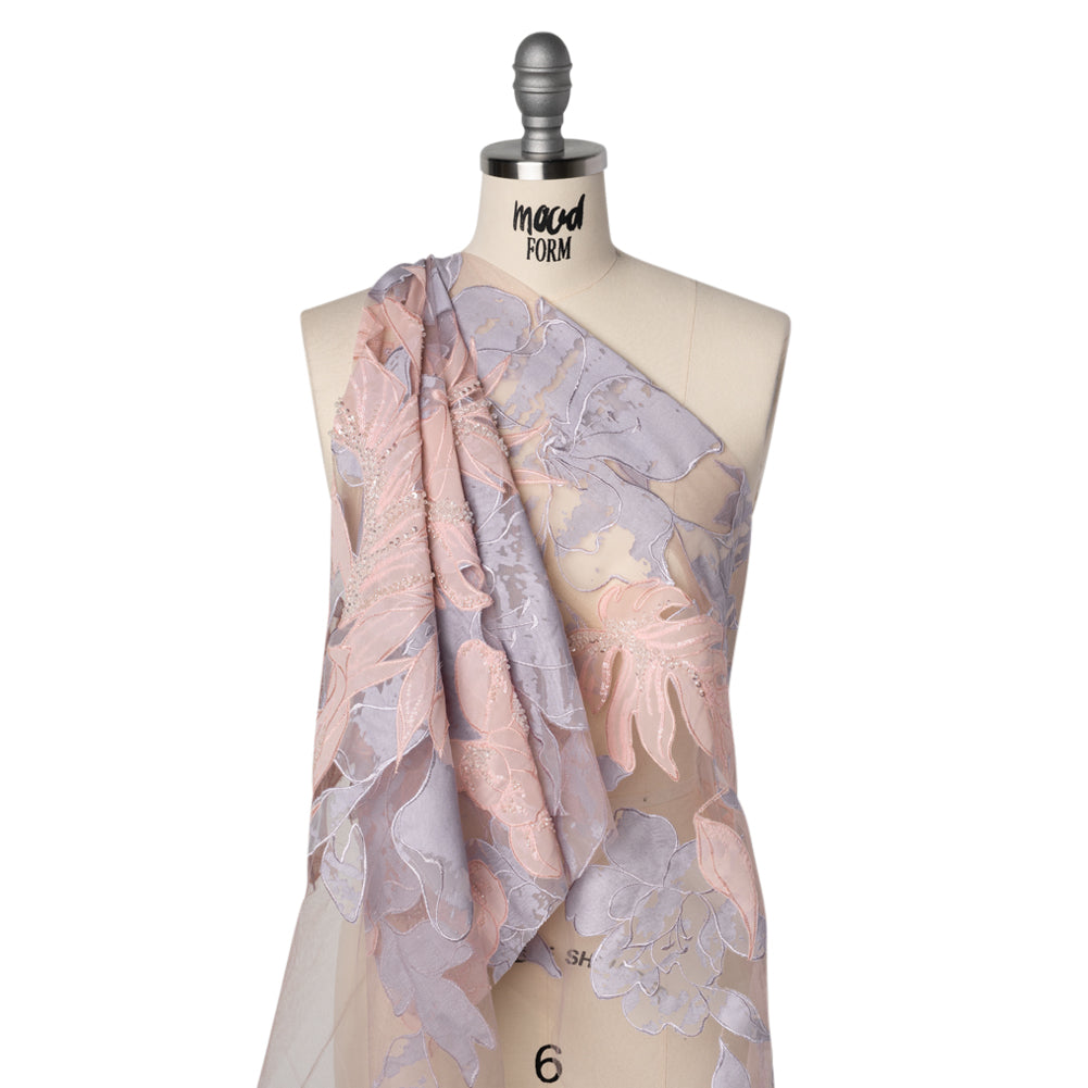 Beaded and Embroidered Tulle with Burnout Fabric Appliques - Mauve, Lilac, and Baby Pink Tropical Garden Drape