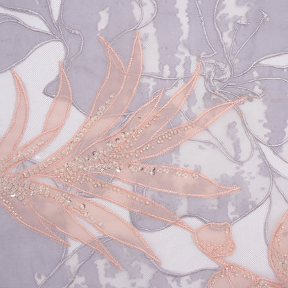 Beaded and Embroidered Tulle with Burnout Fabric Appliques - Mauve, Lilac, and Baby Pink Tropical Garden