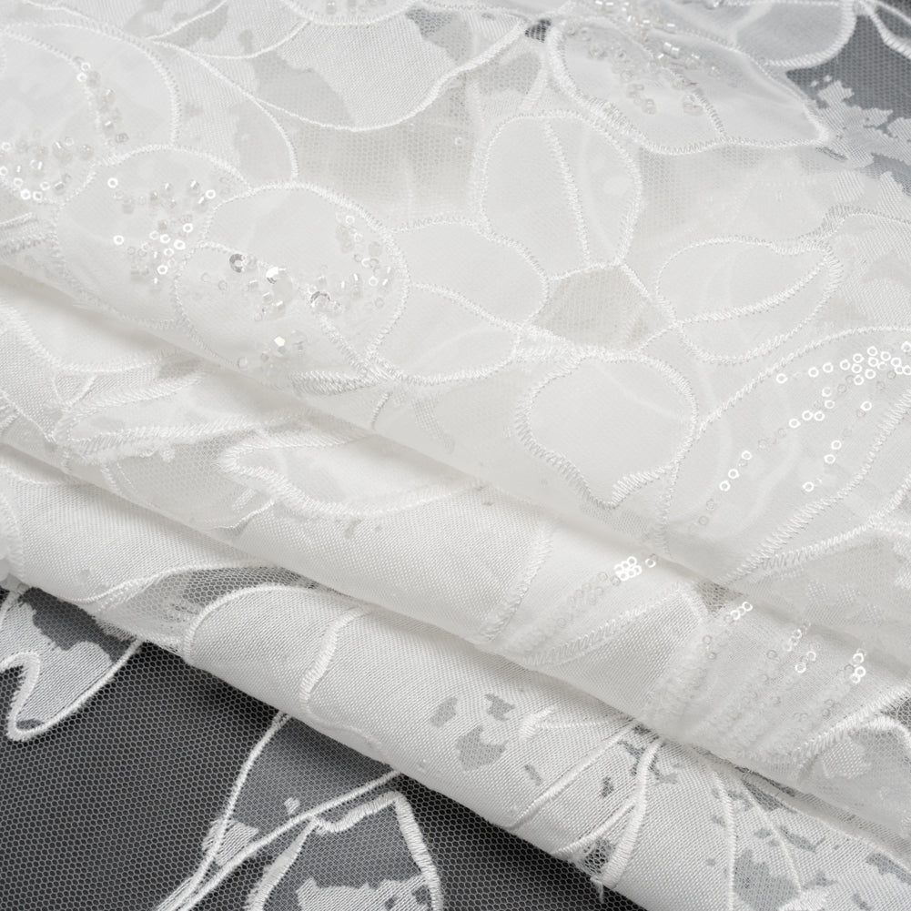 Beaded and Embroidered Tulle with Burnout Fabric Appliques - Off White Tropical Garden Folded