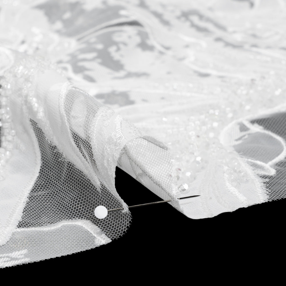Beaded and Embroidered Tulle with Burnout Fabric Appliques - Off White Tropical Garden Detail