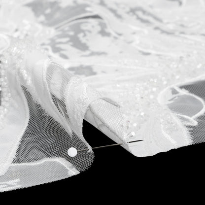 Beaded and Embroidered Tulle with Burnout Fabric Appliques - Off White Tropical Garden Detail