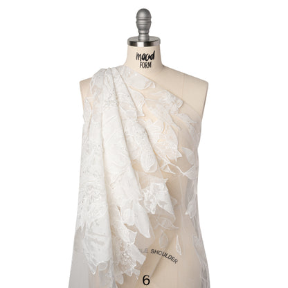 Beaded and Embroidered Tulle with Burnout Fabric Appliques - Off White Tropical Garden Drape