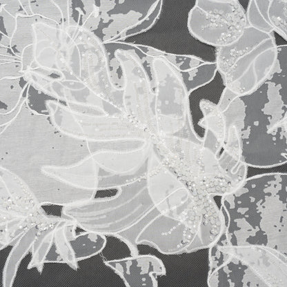Beaded and Embroidered Tulle with Burnout Fabric Appliques - Off White Tropical Garden