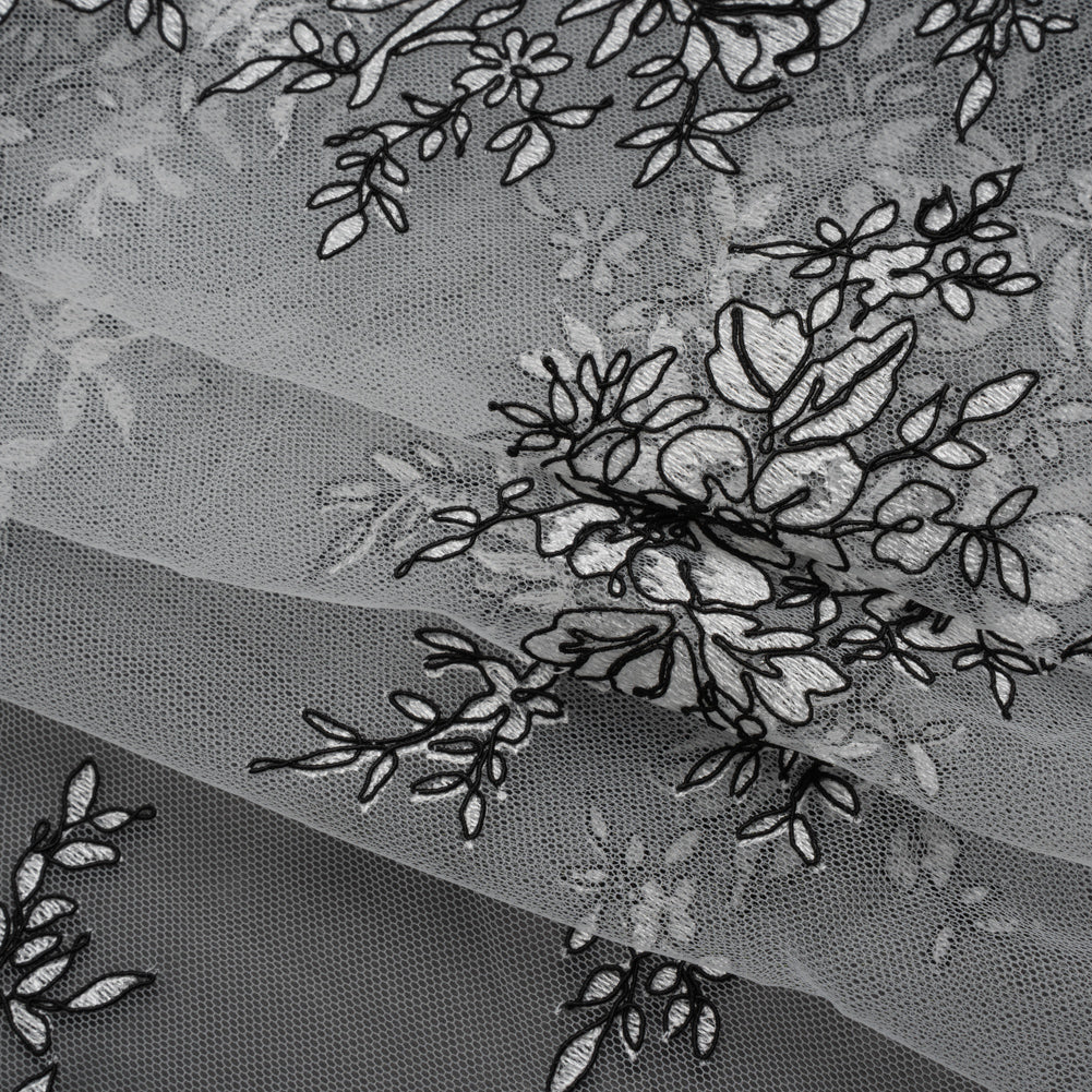 Corded Embroidered Tulle Lace with Scalloped Borders - Black and White Floral Folded