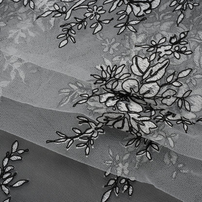 Corded Embroidered Tulle Lace with Scalloped Borders - Black and White Floral Folded