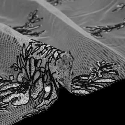 Corded Embroidered Tulle Lace with Scalloped Borders - Black and White Floral Detail