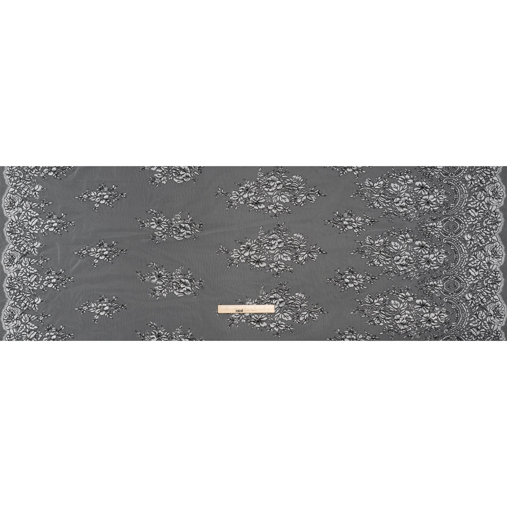 Corded Embroidered Tulle Lace with Scalloped Borders - Black and White Floral - Full