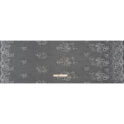 Corded Embroidered Tulle Lace with Scalloped Borders - Black and White Floral - Full