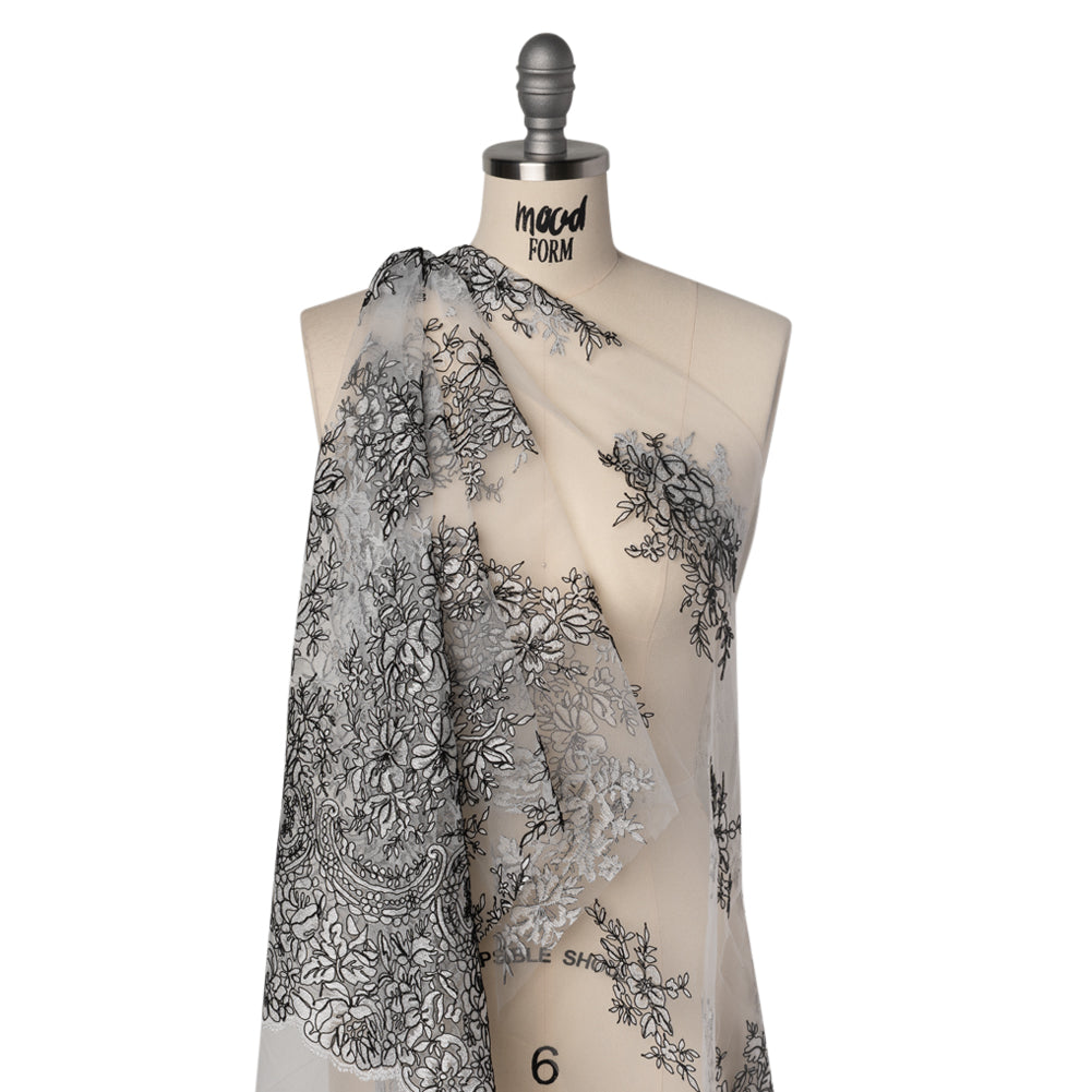 Corded Embroidered Tulle Lace with Scalloped Borders - Black and White Floral Drape