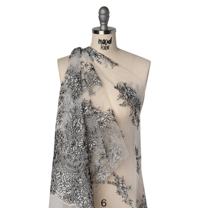 Corded Embroidered Tulle Lace with Scalloped Borders - Black and White Floral Drape