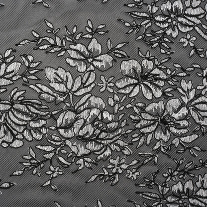 Corded Embroidered Tulle Lace with Scalloped Borders - Black and White Floral