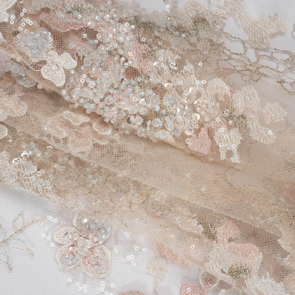 Beaded and Embroidered Tulle with 3D Fabric Flowers - Beige, Pink and White Blossoms Folded