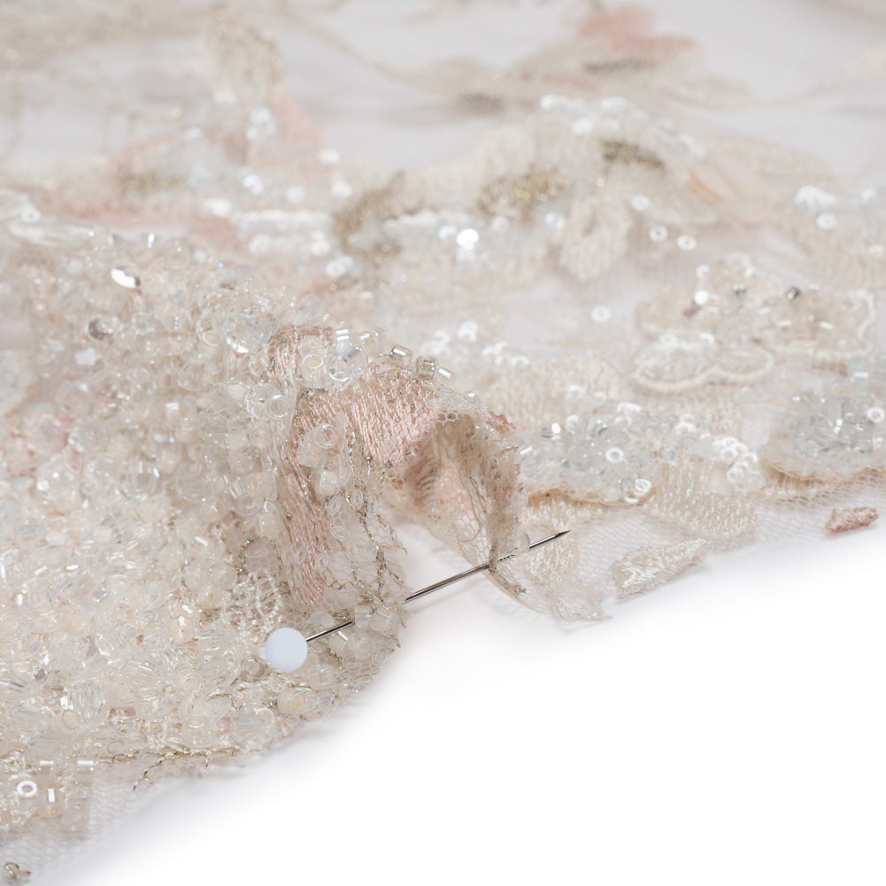 Beaded and Embroidered Tulle with 3D Fabric Flowers - Beige, Pink and White Blossoms Detail