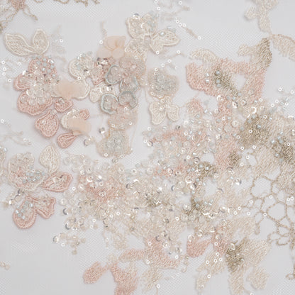 Beaded and Embroidered Tulle with 3D Fabric Flowers - Beige, Pink and White Blossoms