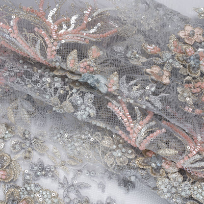 Beaded and Embroidered Tulle with 3D Appliques - Light Blue, Pink and Gold Fanciful Floral Sprays Folded