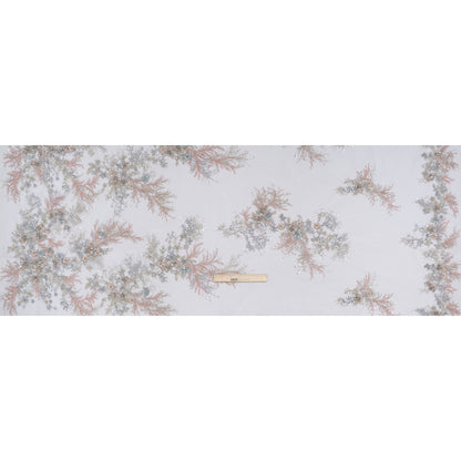 Beaded and Embroidered Tulle with 3D Appliques - Light Blue, Pink and Gold Fanciful Floral Sprays - Full