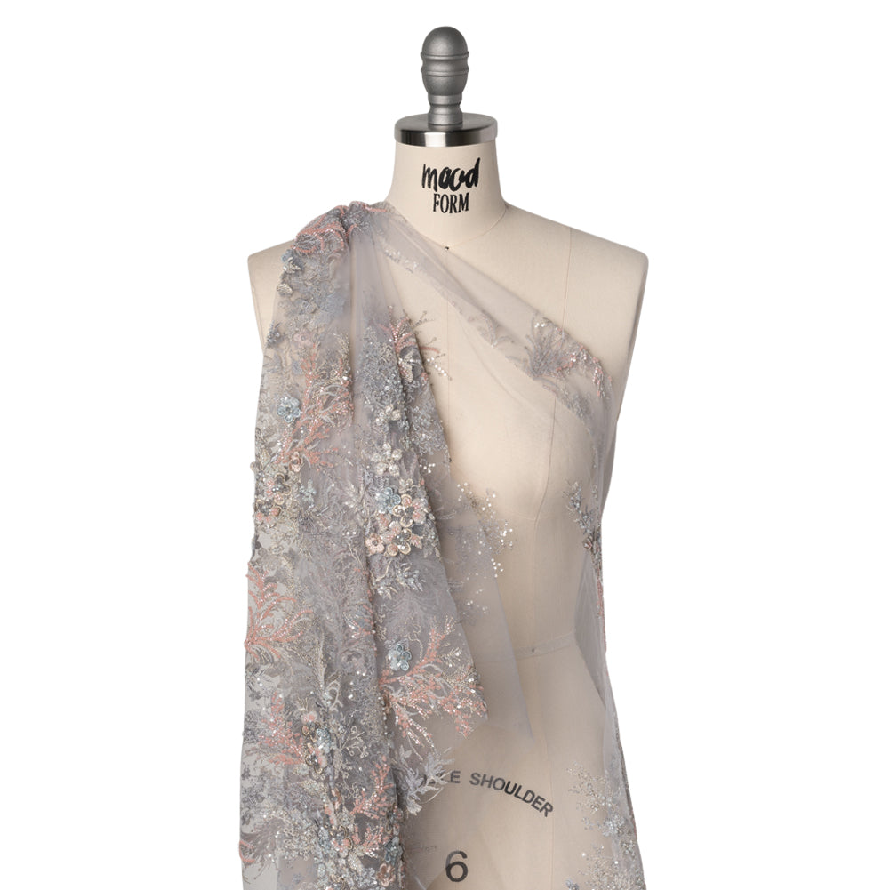 Beaded and Embroidered Tulle with 3D Appliques - Light Blue, Pink and Gold Fanciful Floral Sprays Drape