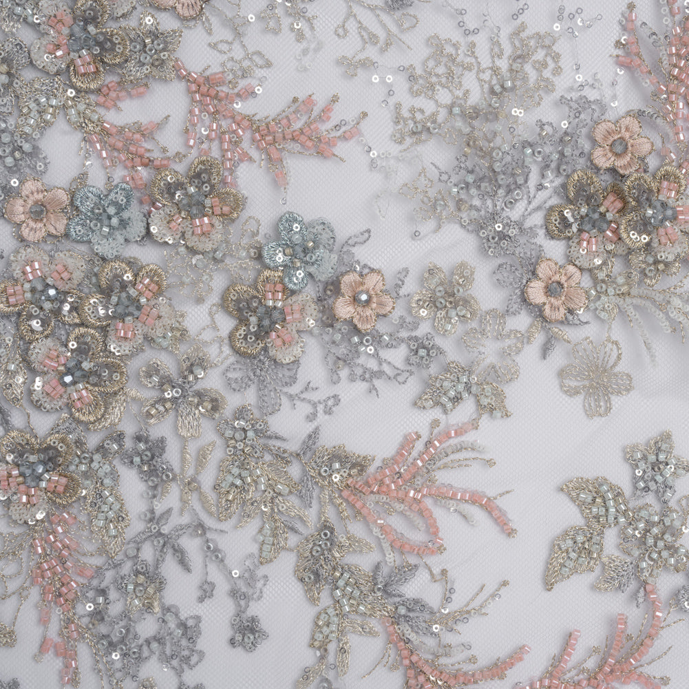 Beaded and Embroidered Tulle with 3D Appliques - Light Blue, Pink and Gold Fanciful Floral Sprays