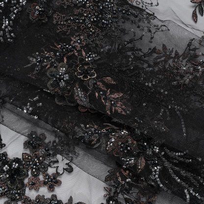 Beaded and Embroidered Tulle with 3D Appliques - Black and Bronze Fanciful Floral Sprays Folded