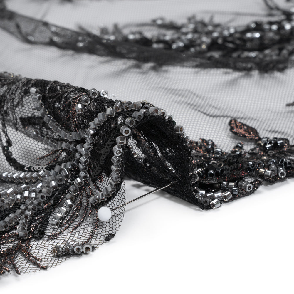 Beaded and Embroidered Tulle with 3D Appliques - Black and Bronze Fanciful Floral Sprays Detail