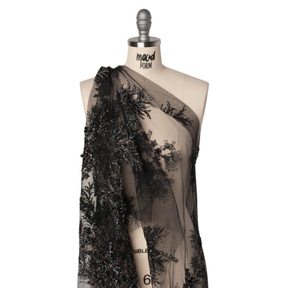 Beaded and Embroidered Tulle with 3D Appliques - Black and Bronze Fanciful Floral Sprays Drape