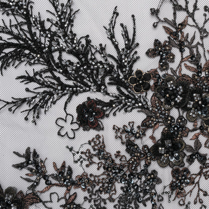 Beaded and Embroidered Tulle with 3D Appliques - Black and Bronze Fanciful Floral Sprays