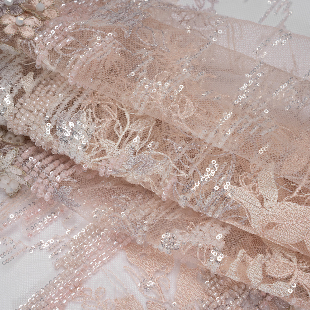 Beaded and Embroidered Tulle with 3D Appliques - Beige and Pink Floral Reflections Folded