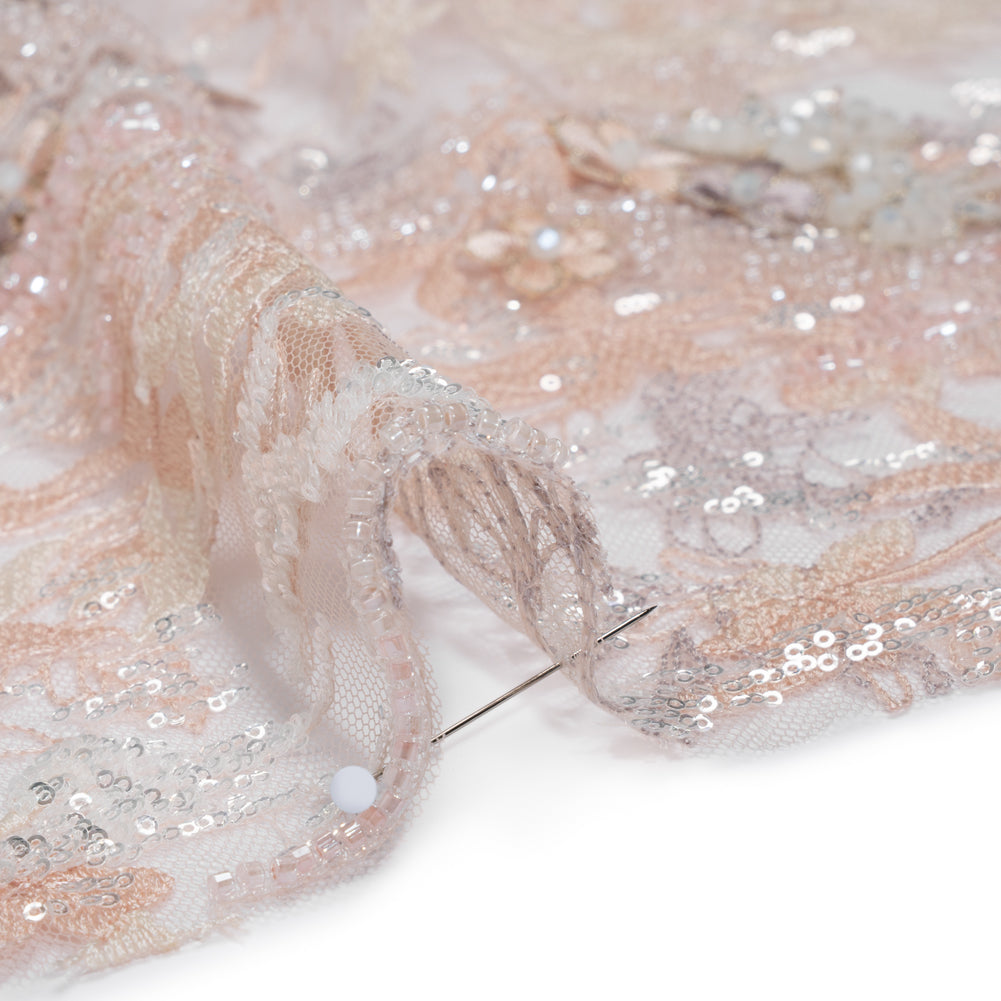 Beaded and Embroidered Tulle with 3D Appliques - Beige and Pink Floral Reflections Detail
