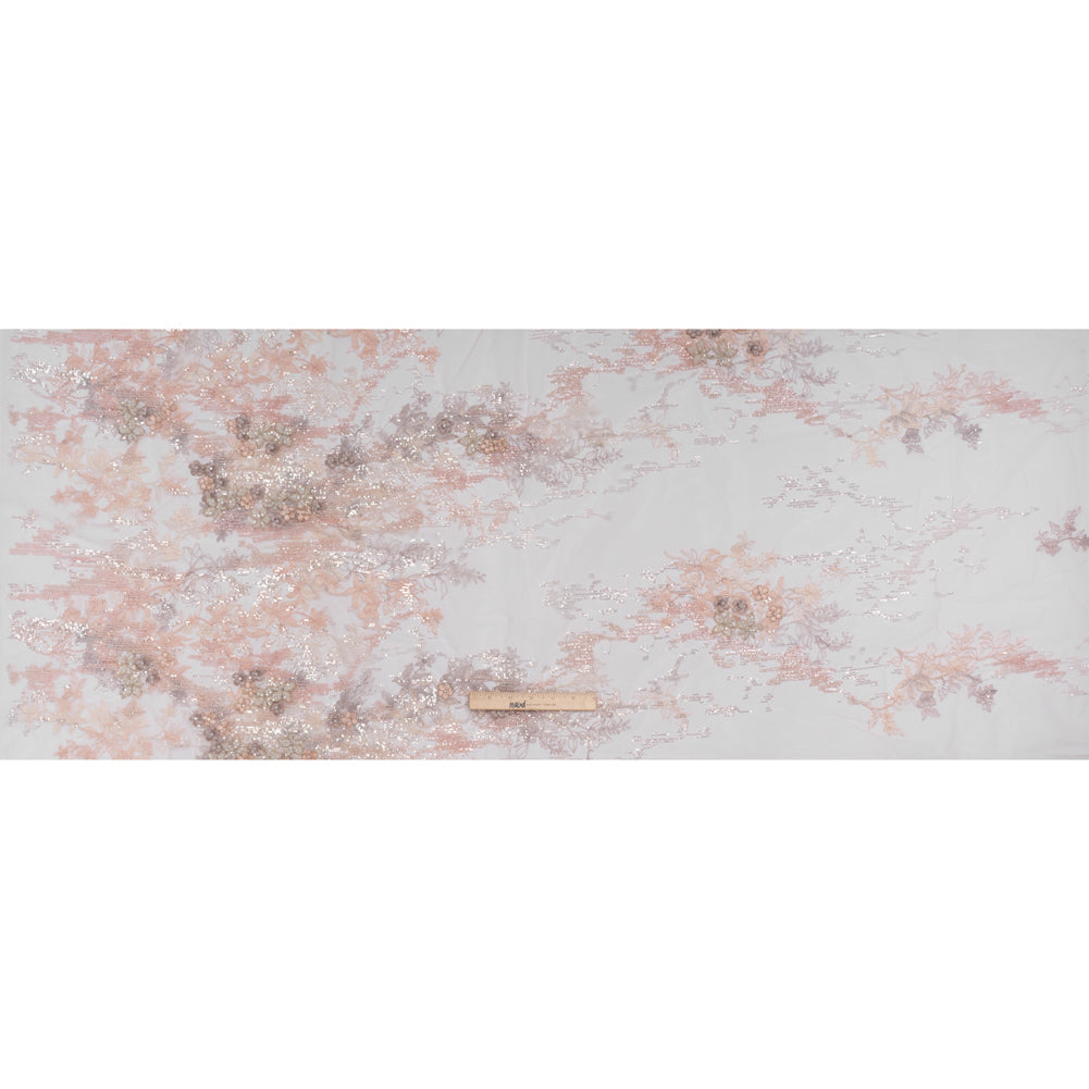 Beaded and Embroidered Tulle with 3D Appliques - Beige and Pink Floral Reflections - Full