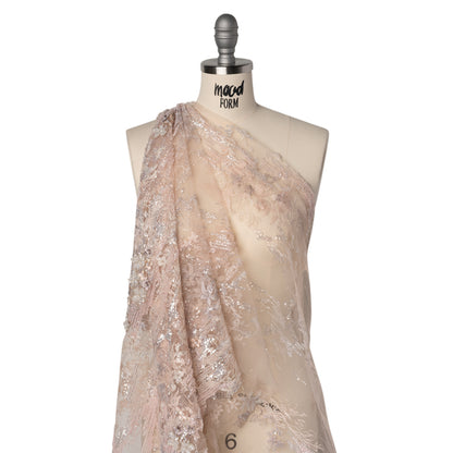 Beaded and Embroidered Tulle with 3D Appliques - Beige and Pink Floral Reflections Drape