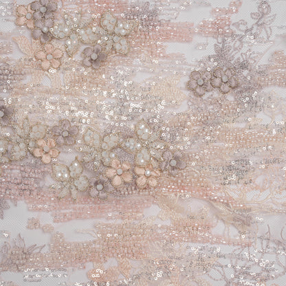 Beaded and Embroidered Tulle with 3D Appliques - Beige and Pink Floral Reflections
