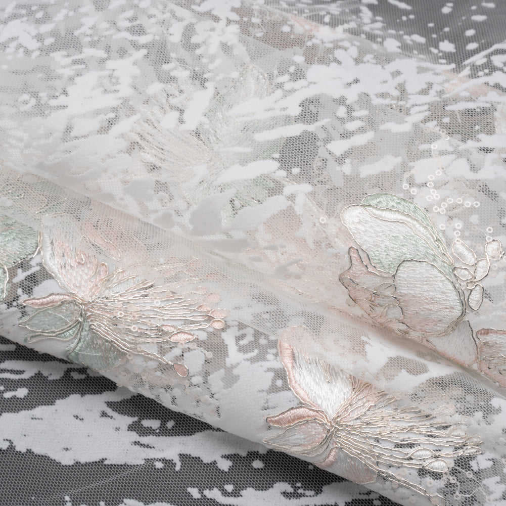 Embroidered Abstract Flocked Tulle with Baby Sequins - Off White, Pale Pink and Mint Floral Folded