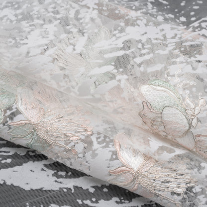 Embroidered Abstract Flocked Tulle with Baby Sequins - Off White, Pale Pink and Mint Floral Folded
