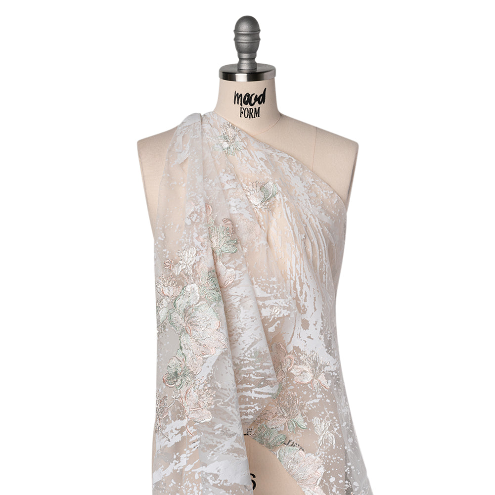 Embroidered Abstract Flocked Tulle with Baby Sequins - Off White, Pale Pink and Mint Floral Drape