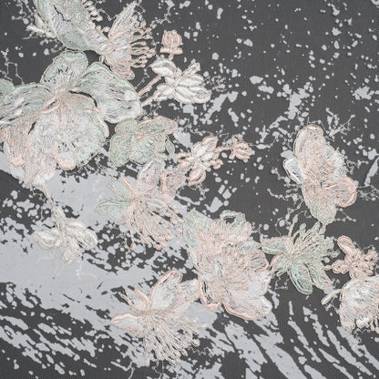 Embroidered Abstract Flocked Tulle with Baby Sequins - Off White, Pale Pink and Mint Floral