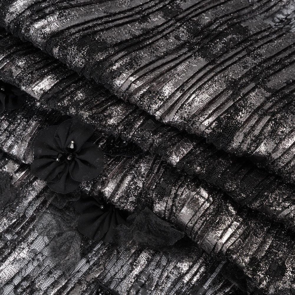 Foiled Plisse Lace with Beaded and Embroidered 3D Fabric Flowers and Leaves - Black and Silver Floral Folded