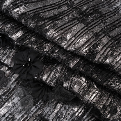 Foiled Plisse Lace with Beaded and Embroidered 3D Fabric Flowers and Leaves - Black and Silver Floral Folded