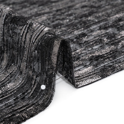 Foiled Plisse Lace with Beaded and Embroidered 3D Fabric Flowers and Leaves - Black and Silver Floral Detail