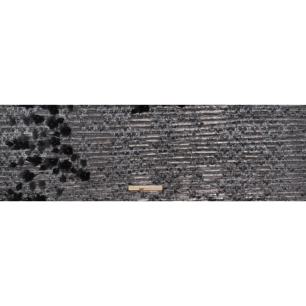 Foiled Plisse Lace with Beaded and Embroidered 3D Fabric Flowers and Leaves - Black and Silver Floral - Full