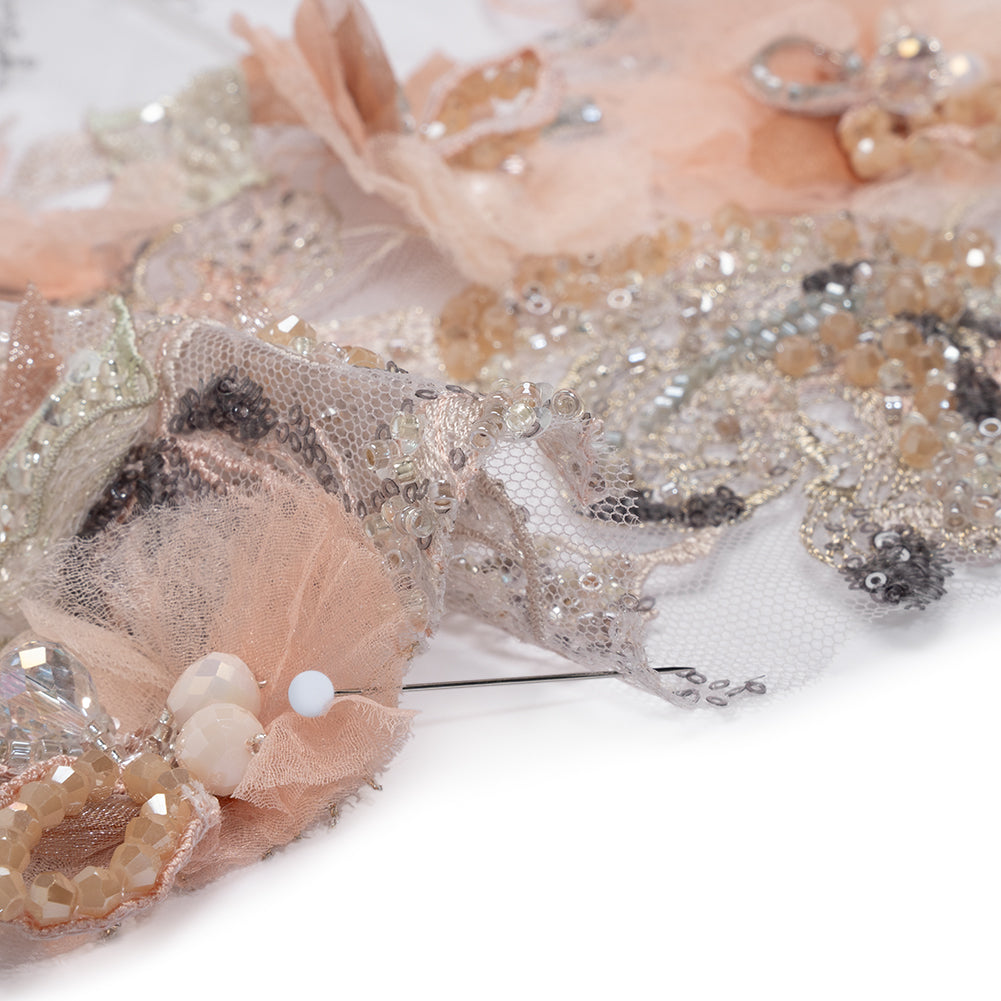 Embroidered and Beaded Tulle with 3D Fabric Flowers - Pale Pink, Peach and Gray Bold Blossoms Detail